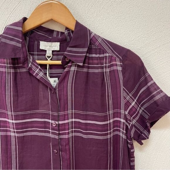 NWT Lucky Braden’s Maroon Plaid Sheer Button Down Short Sleeve Sz S/P - Picture 2 of 4